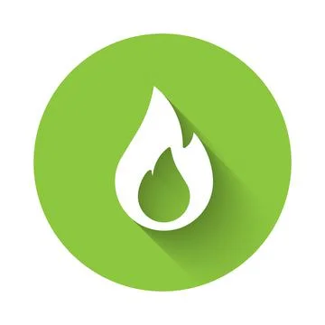 White Fire flame icon isolated with long shadow. Green circle button. Vector Stock Illustration