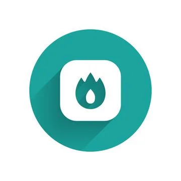 White Fire flame icon isolated with long shadow. Green circle button. Vector 스톡 일러스트
