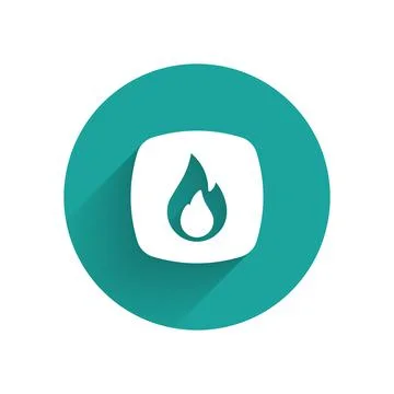 White Fire flame icon isolated with long shadow background. Green circle button 스톡 일러스트