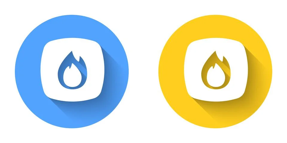 White Fire flame icon isolated with long shadow background. Circle button 스톡 일러스트