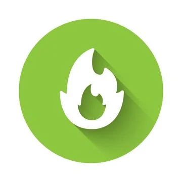 White Fire flame icon isolated with long shadow background. Green circle butt Illustrazione stock