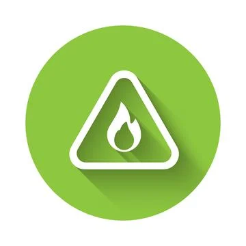 White Fire flame in triangle icon isolated with long shadow. Warning sign of  스톡 일러스트