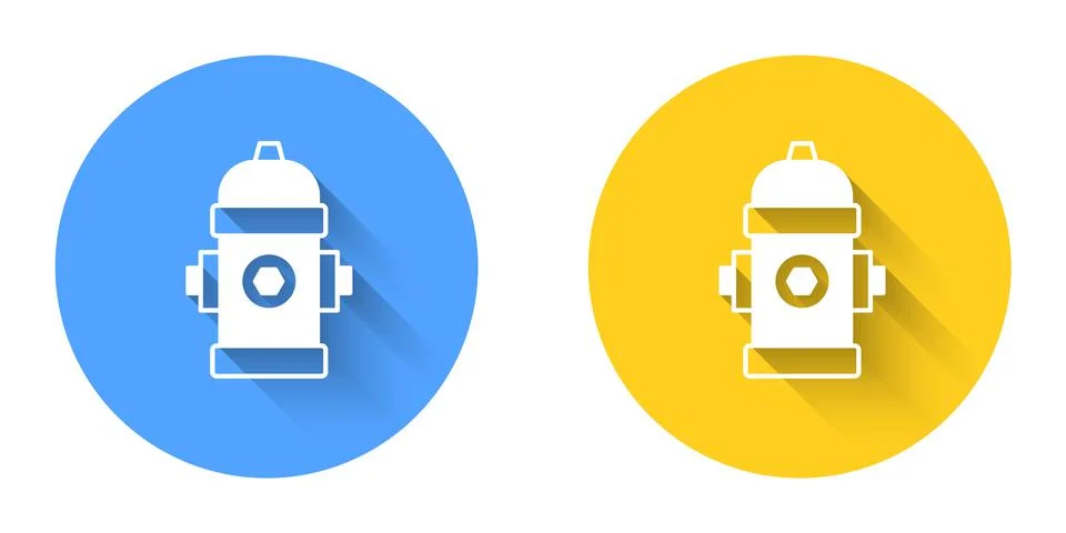 White Fire hydrant icon isolated with long shadow background. Circle button Illustration