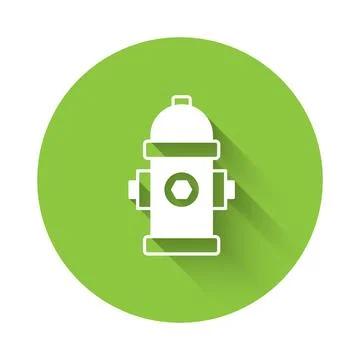 White Fire hydrant icon isolated with long shadow background. Green circle .. Stock Illustration