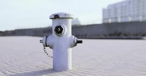 White fire hydrant on sandy beach with buildings in the background Ilustración de archivo