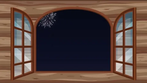 White Fireworks Display Exploding in Night Sky Viewed Through Wooden Window Stock-Footage 344851099
