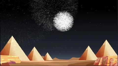 White Fireworks Exploding Over Ancient Egyptian Pyramids in Night Desert Stock Footage 328137843