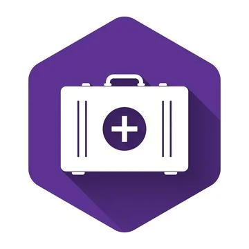 White First aid kit icon isolated with long shadow. Medical box with cross 스톡 일러스트