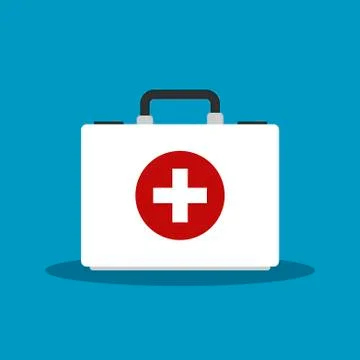 White first aid kit isolated on blue background. Health, help and medical Stock Illustration