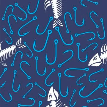 White Fish Bone Skeleton and Fishing Hooks Seamless Pattern. Sea Fishes Icons. Stock Illustration
