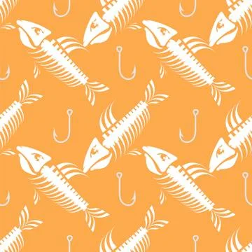 White Fish Bone Skeleton Seamless Pattern. Sea Fishes Icons. Stock Illustration