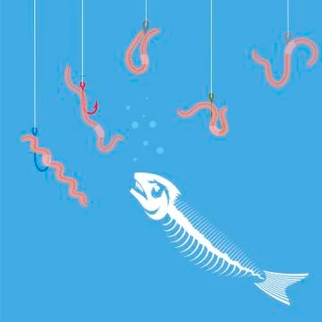 White Fish Bone Skeleton. Set of Colored Fishing Hooks and Red Worms. Stock Illustration