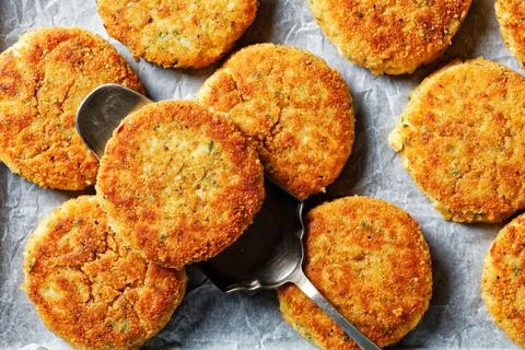 White fish cakes of cod fish fillet with potato Stock Photos