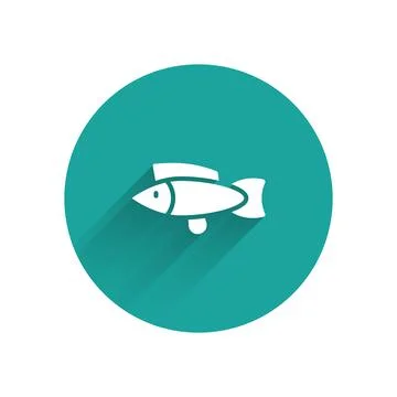 White Fish icon isolated with long shadow. Green circle button. Vector Stockillustratie