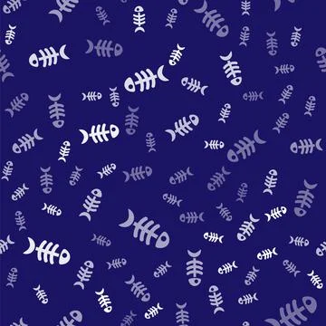 White Fish skeleton icon isolated seamless pattern on blue background. Fish bone Stock Illustration