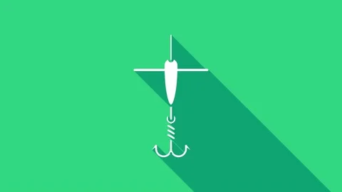 White Fishing hook and float icon isolated on green background. Fishing tackle Stock Footage 146742957
