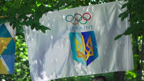 White flag with the five Olympic rings under green leaves Stock Footage 156198576