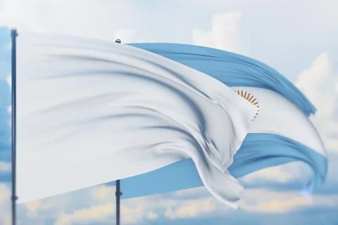 White flag on flagpole waving in the wind and flag of Argentina. Closeup view 스톡 일러스트