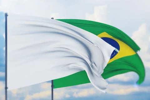 White flag on flagpole waving in the wind and flag of Brazil. Closeup view, 3D Stock-Illustration