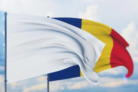White flag on flagpole waving in the wind and flag of Chad. Closeup view, 3D Stock Illustration