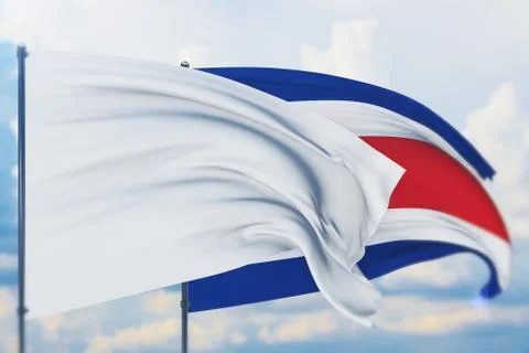 White flag on flagpole waving in the wind and flag of Costa Rica. Closeup view Ilustração Stock