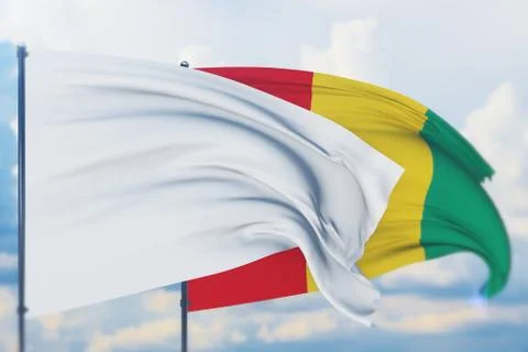 White flag on flagpole waving in the wind and flag of Guinea. Closeup view, 3D Stock-Illustration
