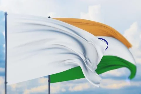 White flag on flagpole waving in the wind and flag of India. Closeup view, 3D Stock-Illustration