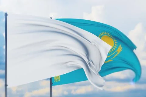 White flag on flagpole waving in the wind and flag of Kazakhstan. Closeup view Stock-Illustration