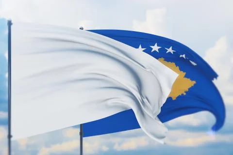 White flag on flagpole waving in the wind and flag of Kosovo. Closeup view, 3D Stock-Illustration