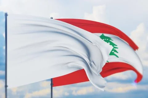 White flag on flagpole waving in the wind and flag of Lebanon. Closeup view, 3D Stock-Illustration