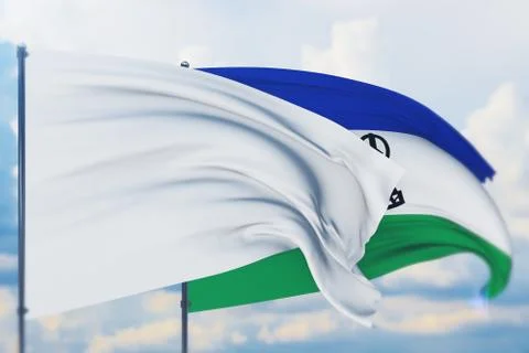 White flag on flagpole waving in the wind and flag of Lesotho. Closeup view, 3D Stock-Illustration