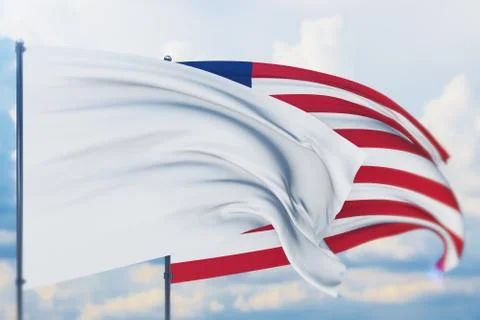 White flag on flagpole waving in the wind and flag of Liberia. Closeup view, 3D Stock-Illustration