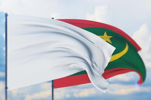 White flag on flagpole waving in the wind and flag of Mauritania. Closeup view Stock-Illustration