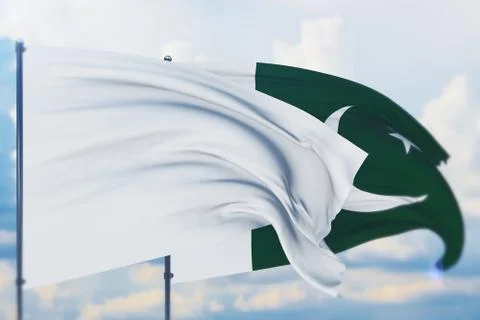 White flag on flagpole waving in the wind and flag of Pakistan. Closeup view, 3D Ilustração Stock