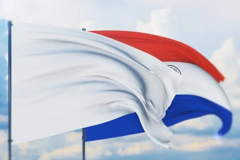 White flag on flagpole waving in the wind and flag of Paraguay. Closeup view, 3D Illustrazione stock
