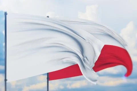 White flag on flagpole waving in the wind and flag of Poland. Closeup view, 3D Stock Illustration