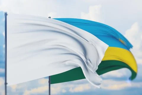 White flag on flagpole waving in the wind and flag of Rwanda. Closeup view, 3D Illustrazione stock