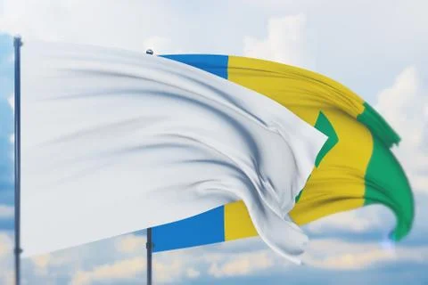White flag on flagpole waving in the wind and flag of Saint Vincent And The Stock-Illustration