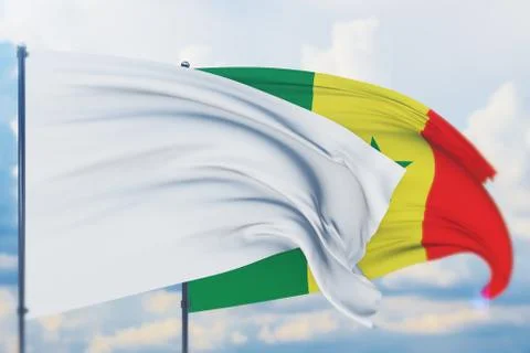 White flag on flagpole waving in the wind and flag of Senegal. Closeup view, 3D Illustrazione stock