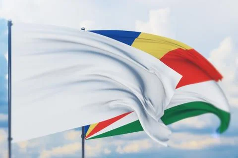 White flag on flagpole waving in the wind and flag of Seychelles. Closeup view Ilustração Stock