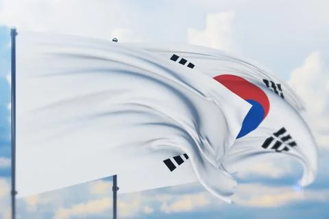 White flag on flagpole waving in the wind and flag of South Korea. Closeup view Stock-Illustration