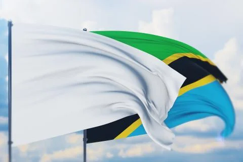 White flag on flagpole waving in the wind and flag of Tanzania. Closeup view, 3D Ilustração Stock
