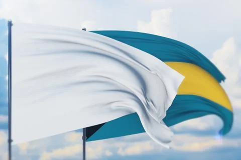 White flag on flagpole waving in the wind and flag of Bahamas. Closeup view, 3D Ilustração Stock