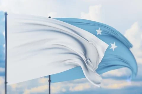White flag on flagpole waving in the wind and flag of Federated States of Stock-Illustration