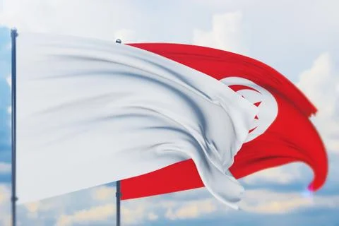 White flag on flagpole waving in the wind and flag of Tunisia. Closeup view, 3D Stock Illustration