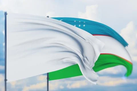 White flag on flagpole waving in the wind and flag of Uzbekistan. Closeup view 스톡 일러스트