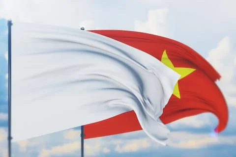 White flag on flagpole waving in the wind and flag of Vietnam. Closeup view, 3D Stock-Illustration