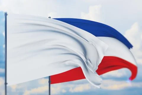 White flag on flagpole waving in the wind and flag of Yugoslavia. Closeup view 스톡 일러스트