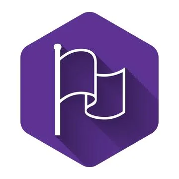 White Flag icon isolated with long shadow. Purple hexagon button. Vector Ilustração Stock