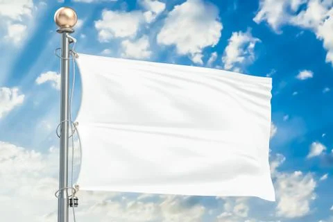 White flag waving in blue cloudy sky, 3D rendering Stockillustratie